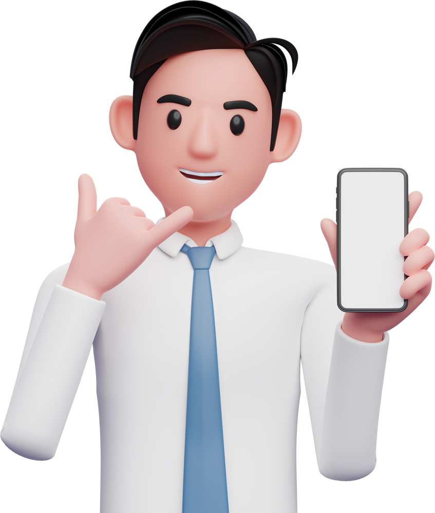 businessman in white shirt doing call me gesture and holding phone, 3d illustration of businessman using phone